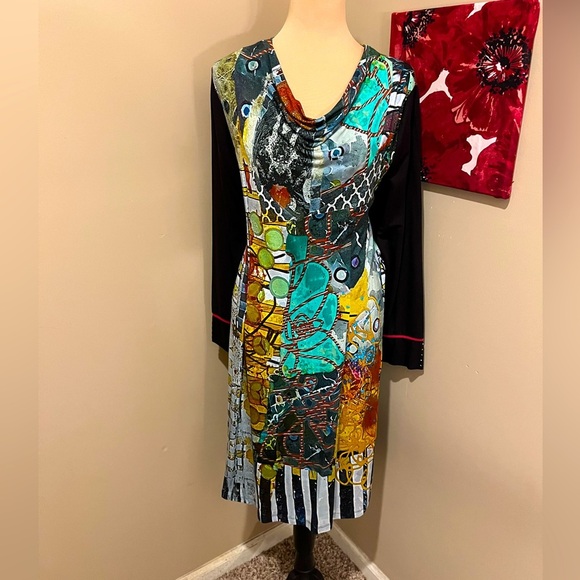 Simply Art by Dolcezza print Dress with draped collar, size Large - Picture 1 of 5